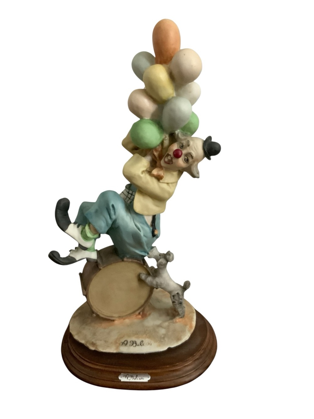 A. BELCARI CAPODIMONTE CLOWN FIGURINE CIRCO DRUM DOG BALLOONS NICE CONDITION